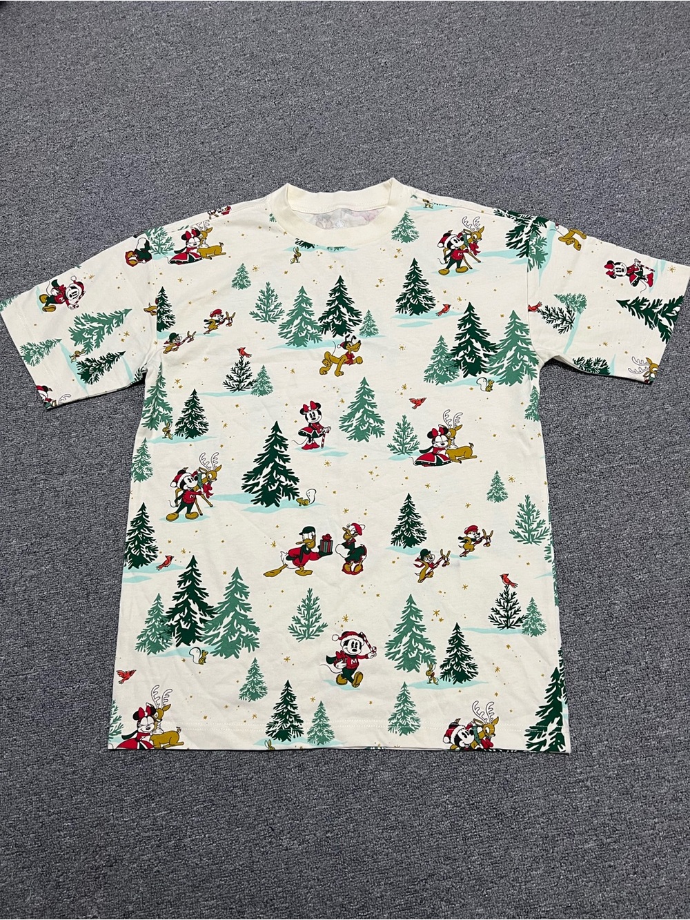 Disney Park Cream Mickey Minnie Holiday Tee with Green Trees Adult XS